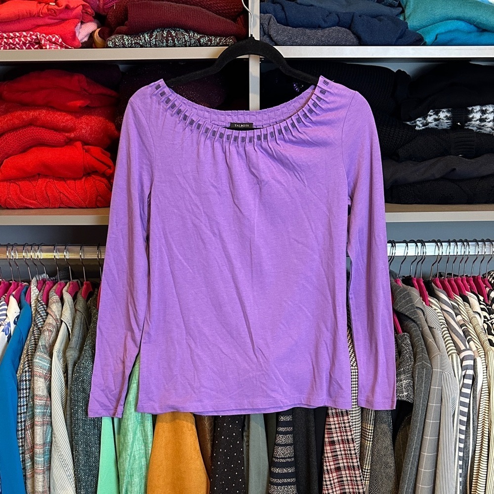 Talbots purple long sleeve beaded scoop neck top size SP